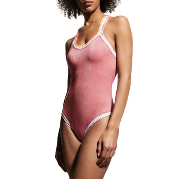 NWT Platinum PilyQ Strappy Crochet Trim One Piece Swimsuit in Teaberry Sz. S